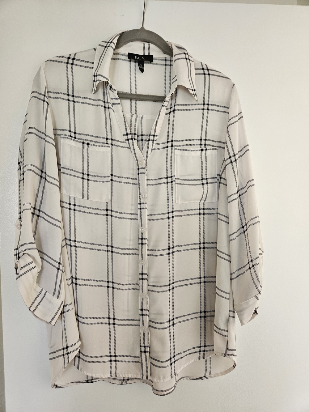 BCX White Black Plaid Roll-Tab Button-Down Blouse – XL